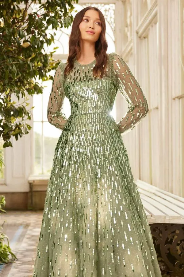 Women Needle and Thread Sequin Dash Long Sleeve Ankle Gown Green