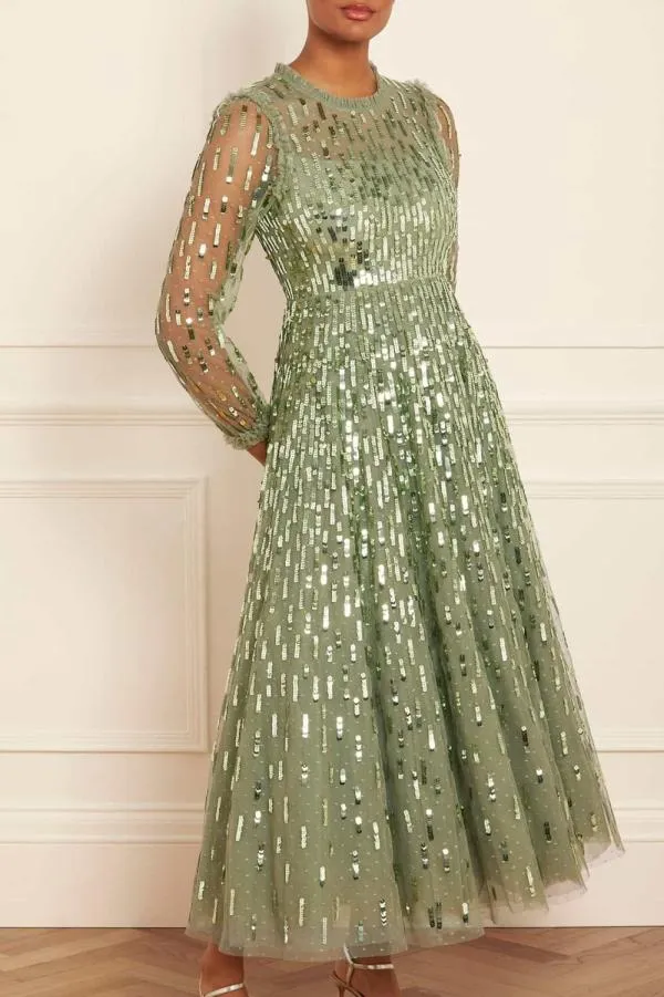 Women Needle and Thread Sequin Dash Long Sleeve Ankle Gown Green