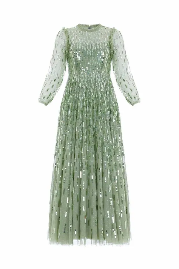 Women Needle and Thread Sequin Dash Long Sleeve Ankle Gown Green