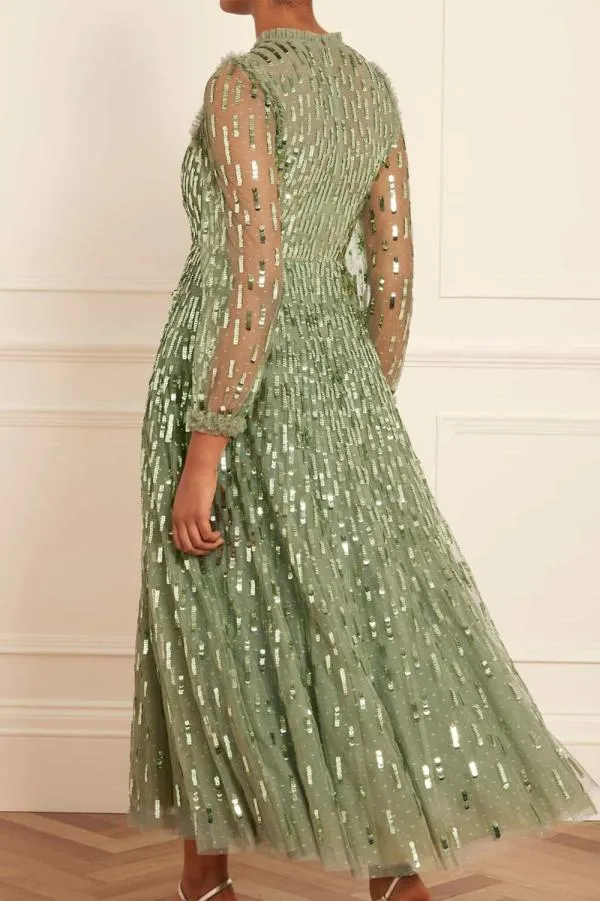 Women Needle and Thread Sequin Dash Long Sleeve Ankle Gown Green