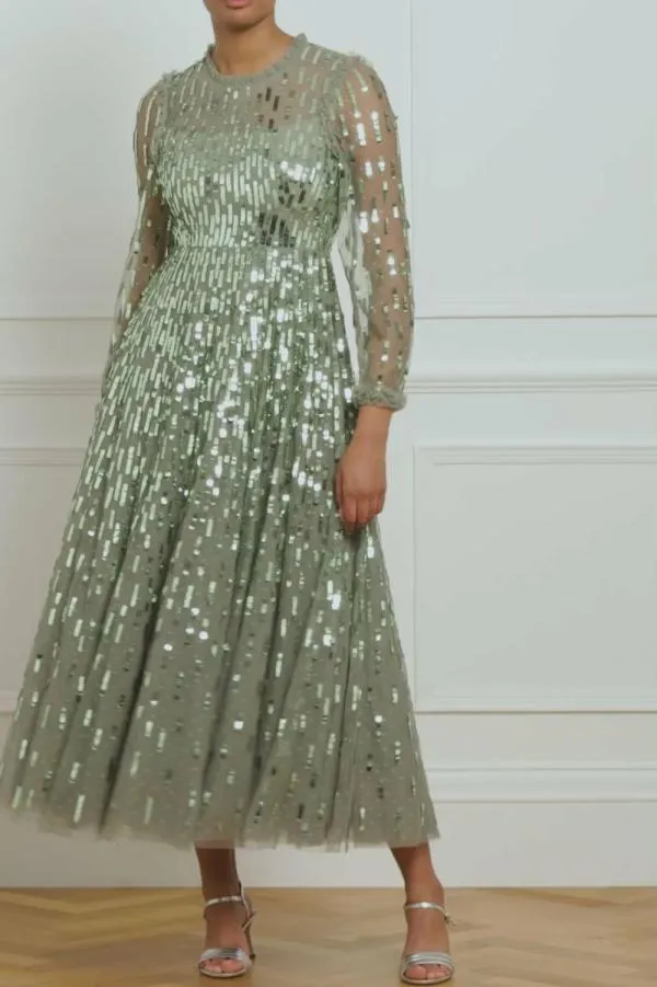Women Needle and Thread Sequin Dash Long Sleeve Ankle Gown Green