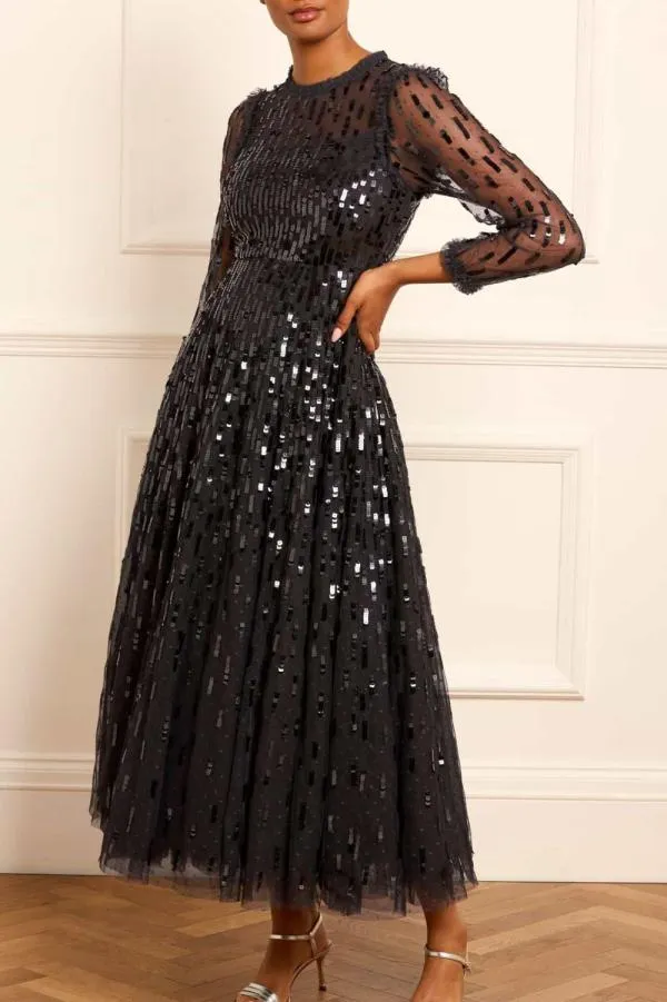 Women Needle and Thread Sequin Dash Long Sleeve Gown Black