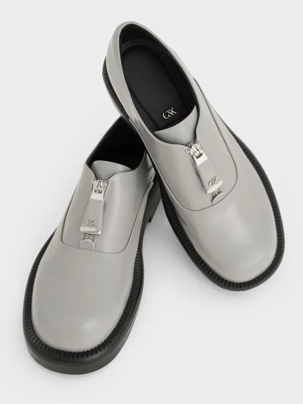 Women Nina Leather ZipUp Loafers 8211 Grey CHARLES and KEITH Flats