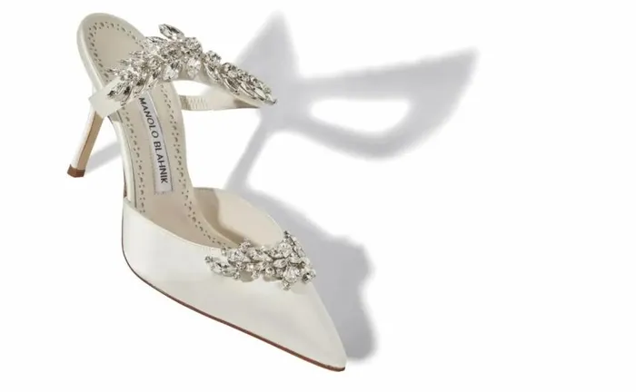 Women OffWhite Satin Crystal Embellished Mules Manolo Blahnik Mules