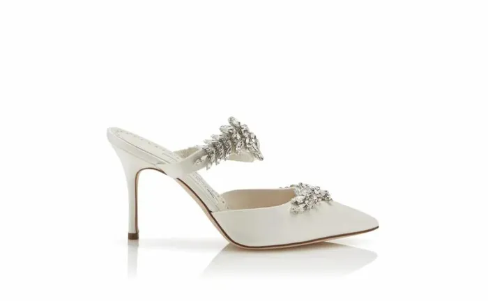 Women OffWhite Satin Crystal Embellished Mules Manolo Blahnik Mules