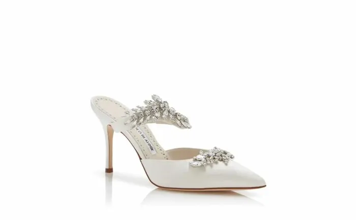Women OffWhite Satin Crystal Embellished Mules Manolo Blahnik Mules