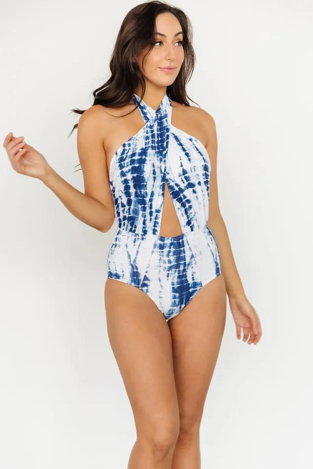 Women One Piece Baltic Born Calypso Cross Neck One Piece Blue Tie Dye