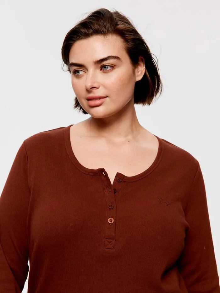 Women PA Plus Classic Rib Henley Grey Marle Peter Alexander Classic Tops