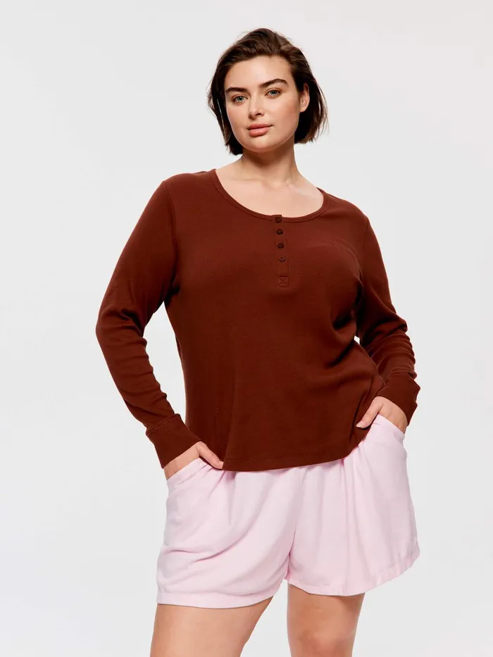 Women PA Plus Classic Rib Henley Grey Marle Peter Alexander Classic Tops