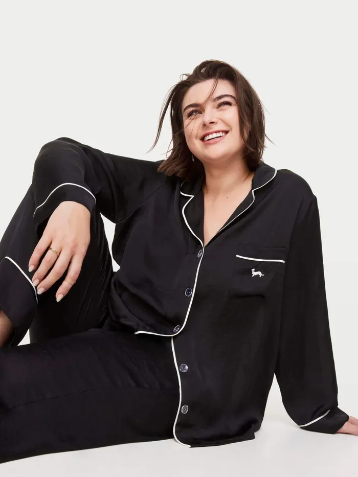 Women PA Plus Long Black Chic Satin Pj Set Black Peter Alexander Satin