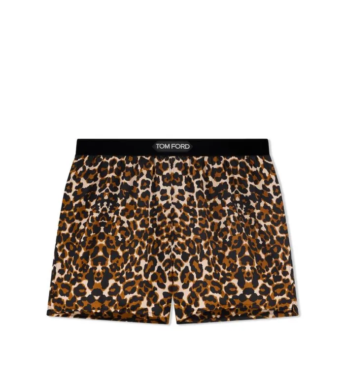 Women Pajamas and Robes Tom Ford Reflected Leopard Pattern Silk Satin Boxer Shorts Black Beige