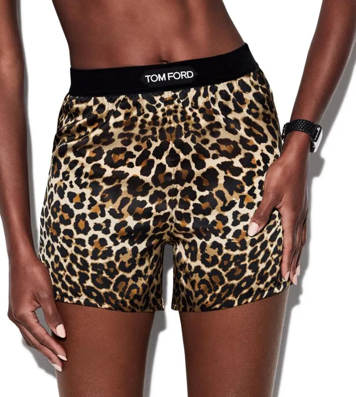 Women Pajamas and Robes Tom Ford Reflected Leopard Pattern Silk Satin Boxer Shorts Black Beige