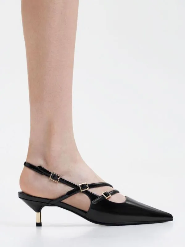 Women Patent BuckleStrap Kitten Heel Slingback Pumps 8211 Black Patent CHARLES and KEITH Heels