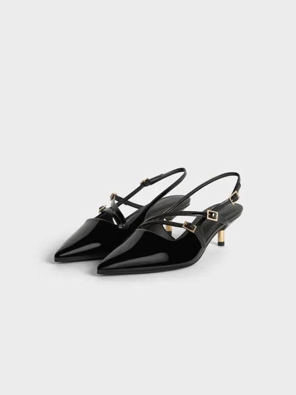 Women Patent BuckleStrap Kitten Heel Slingback Pumps 8211 Black Patent CHARLES and KEITH Heels