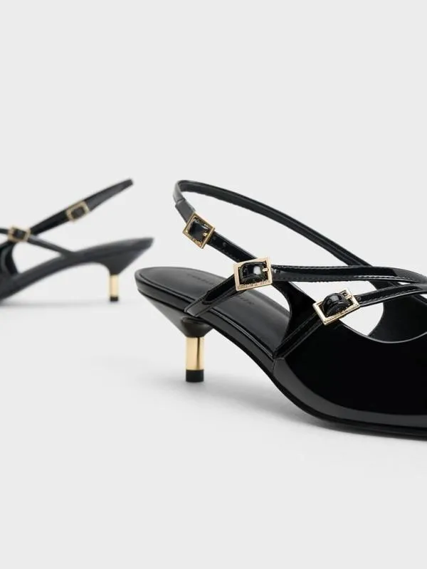 Women Patent BuckleStrap Kitten Heel Slingback Pumps 8211 Black Patent CHARLES and KEITH Heels