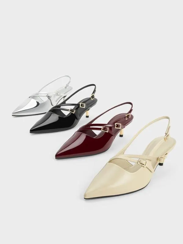 Women Patent BuckleStrap Kitten Heel Slingback Pumps 8211 Black Patent CHARLES and KEITH Heels