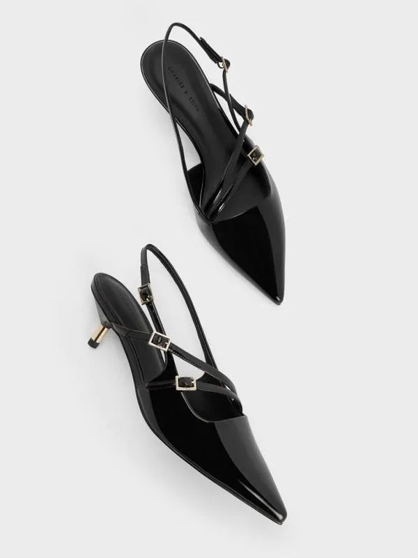 Women Patent BuckleStrap Kitten Heel Slingback Pumps 8211 Black Patent CHARLES and KEITH Heels