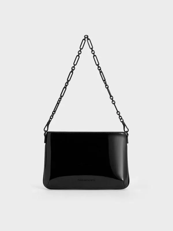 Women Patent ChainHandle Shoulder Bag 8211 Jet Black CHARLES and KEITH Shoulder Bags