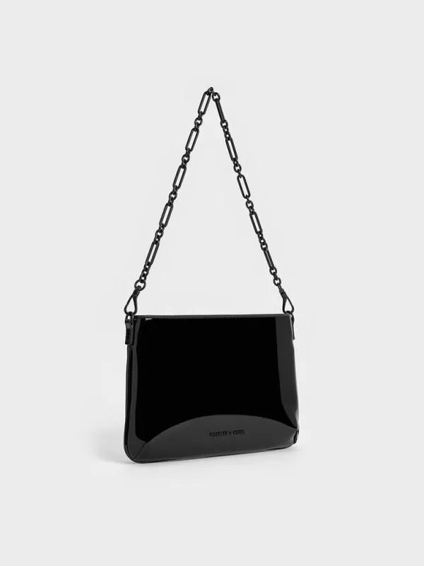 Women Patent ChainHandle Shoulder Bag 8211 Jet Black CHARLES and KEITH Shoulder Bags