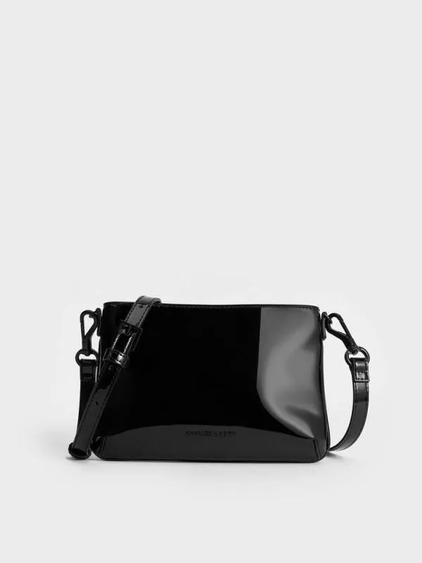 Women Patent ChainHandle Shoulder Bag 8211 Jet Black CHARLES and KEITH Shoulder Bags