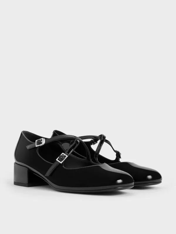 Women Patent CrossoverStrap BlockHeel Mary Janes 8211 Black Patent CHARLES and KEITH Pumps