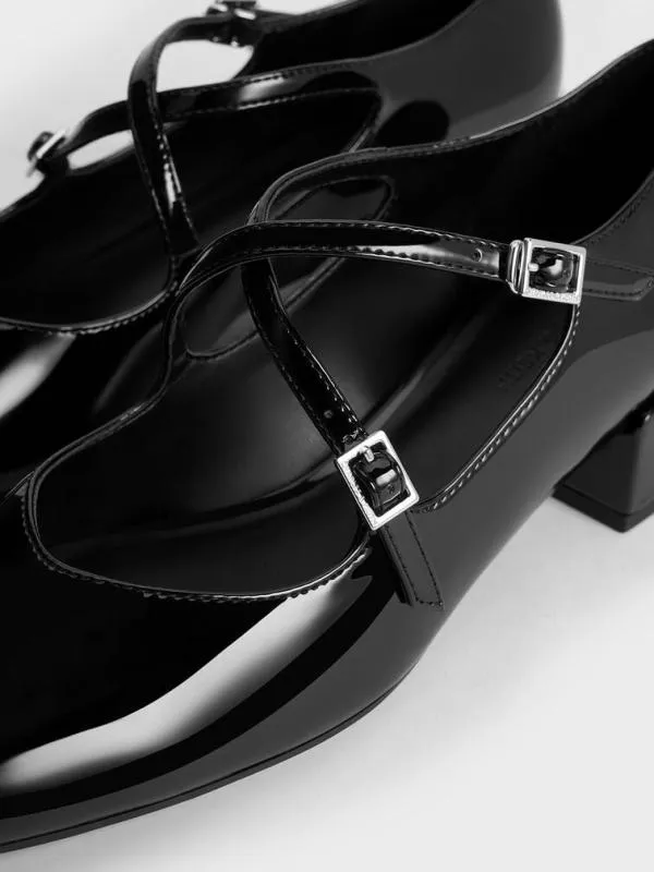 Women Patent CrossoverStrap BlockHeel Mary Janes 8211 Black Patent CHARLES and KEITH Pumps