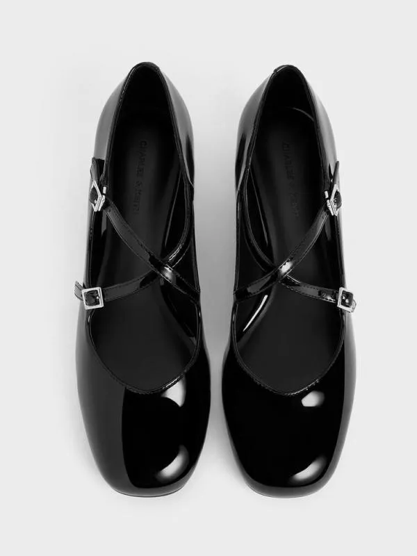 Women Patent CrossoverStrap BlockHeel Mary Janes 8211 Black Patent CHARLES and KEITH Pumps
