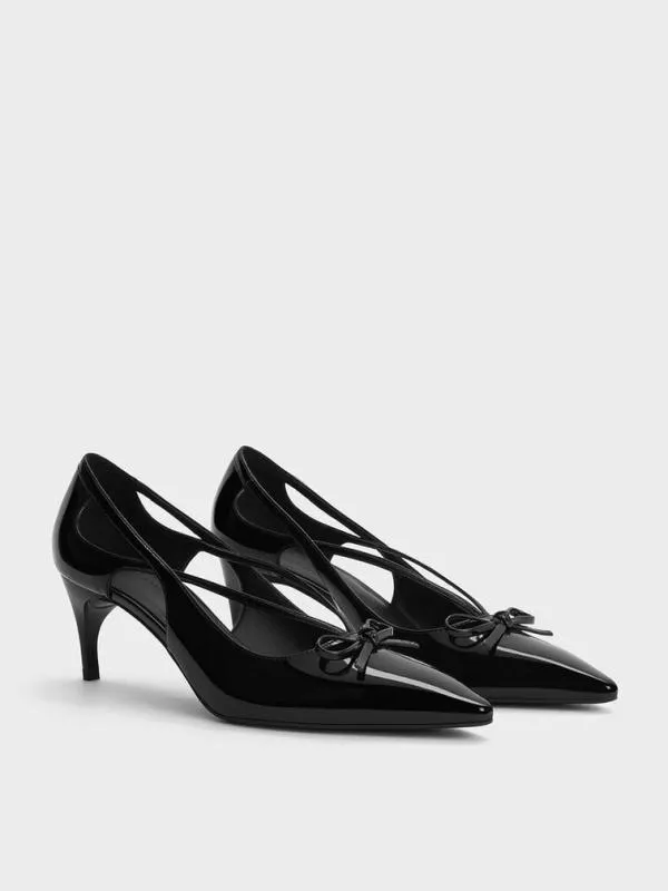 Women Patent CutOut Bow KittenHeel Pumps 8211 Black Patent CHARLES and KEITH Heels