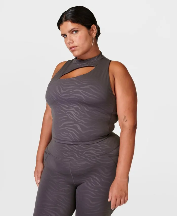 Women Power Cutout Gym Vest Urban Grey Tiger Emboss Print Sweaty Betty Vest Tops