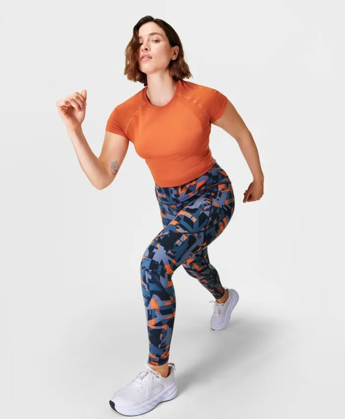 Women Power Gym Leggings Blue Speed Geo Print Sweaty Betty Pocketed
