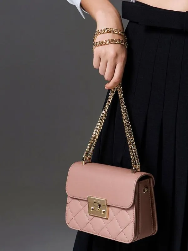 Women Quilted PushLock ChainHandle Bag 8211 Blush CHARLES and KEITH Crossbody Bags