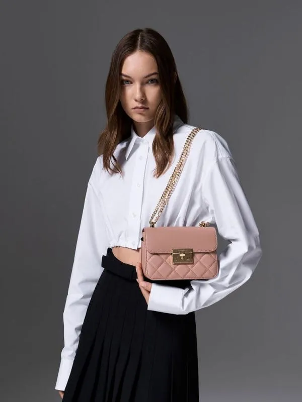 Women Quilted PushLock ChainHandle Bag 8211 Blush CHARLES and KEITH Crossbody Bags