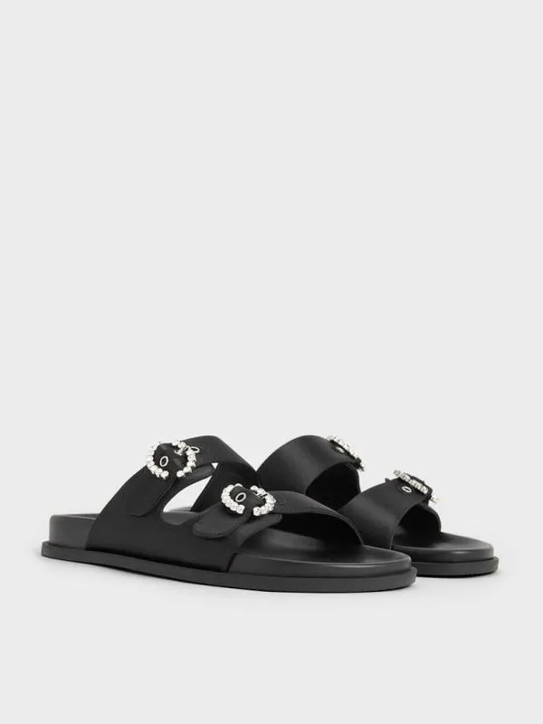 Women Recycled Polyester Embellished Buckle Sandals 8211 Black Textured CHARLES and KEITH Sandals