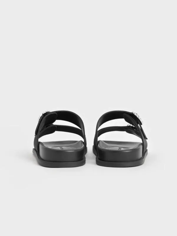 Women Recycled Polyester Embellished Buckle Sandals 8211 Black Textured CHARLES and KEITH Sandals