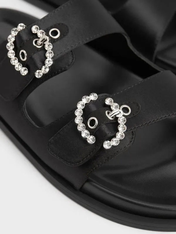 Women Recycled Polyester Embellished Buckle Sandals 8211 Black Textured CHARLES and KEITH Sandals
