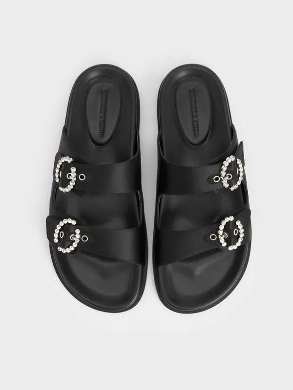 Women Recycled Polyester Embellished Buckle Sandals 8211 Black Textured CHARLES and KEITH Sandals