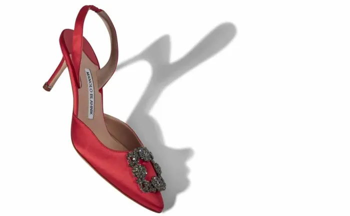 Women Red Satin Jewel Buckle Slingback Pumps Manolo Blahnik Pumps