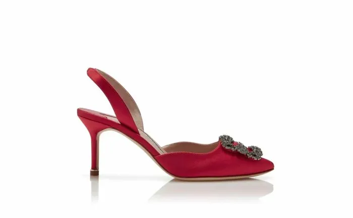 Women Red Satin Jewel Buckle Slingback Pumps Manolo Blahnik Pumps