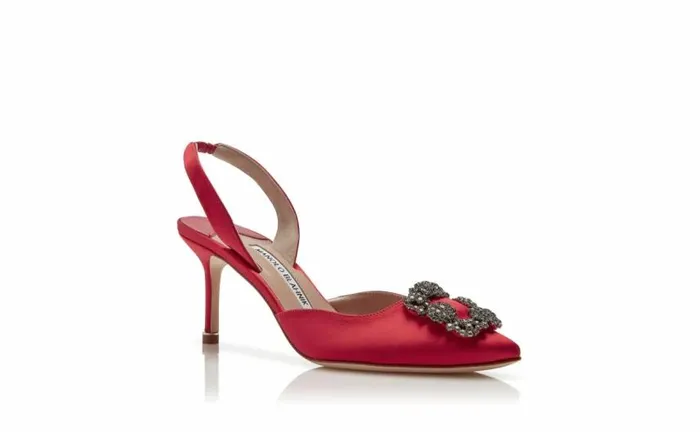 Women Red Satin Jewel Buckle Slingback Pumps Manolo Blahnik Pumps