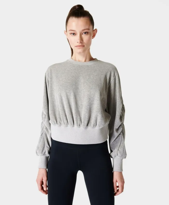 Women Retake Velour Pullover Grey Marl Sweaty Betty Jumpers Hoodies
