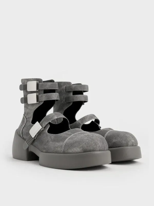 Women Robbie DenimEffect AnkleStrap Mary Jane Boots 8211 Dark Grey CHARLES and KEITH Boots