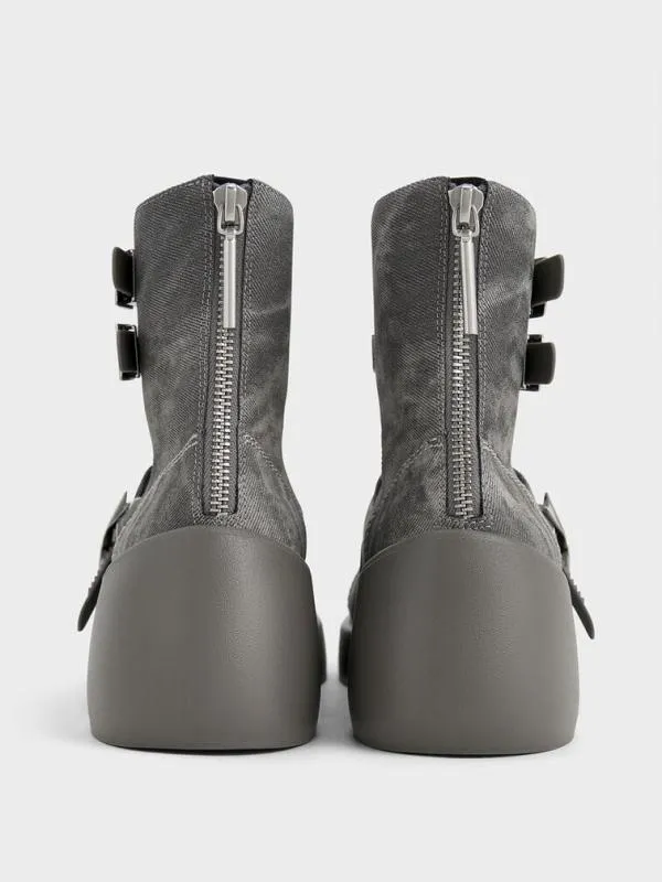 Women Robbie DenimEffect AnkleStrap Mary Jane Boots 8211 Dark Grey CHARLES and KEITH Boots