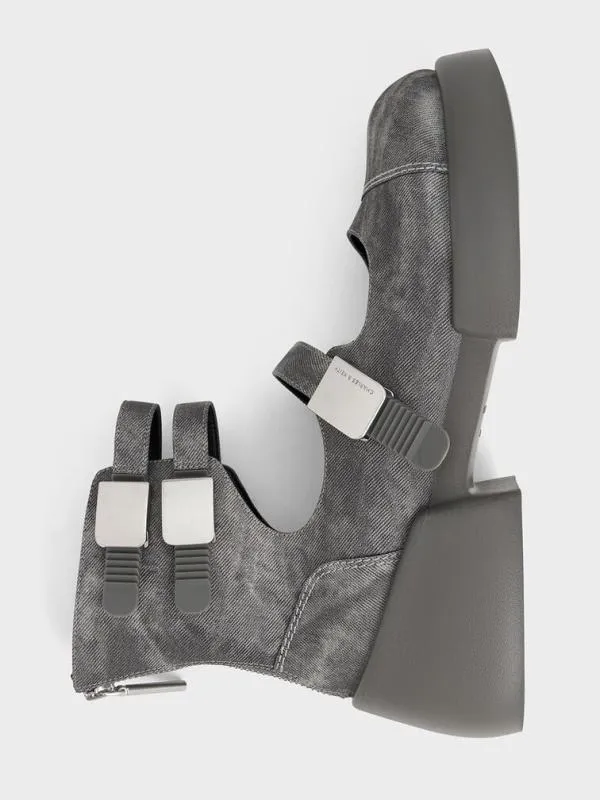 Women Robbie DenimEffect AnkleStrap Mary Jane Boots 8211 Dark Grey CHARLES and KEITH Boots