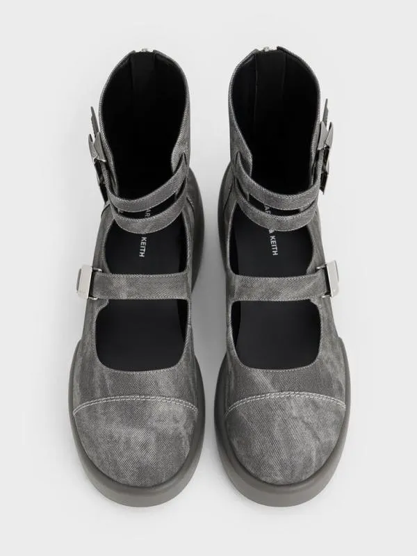 Women Robbie DenimEffect AnkleStrap Mary Jane Boots 8211 Dark Grey CHARLES and KEITH Boots