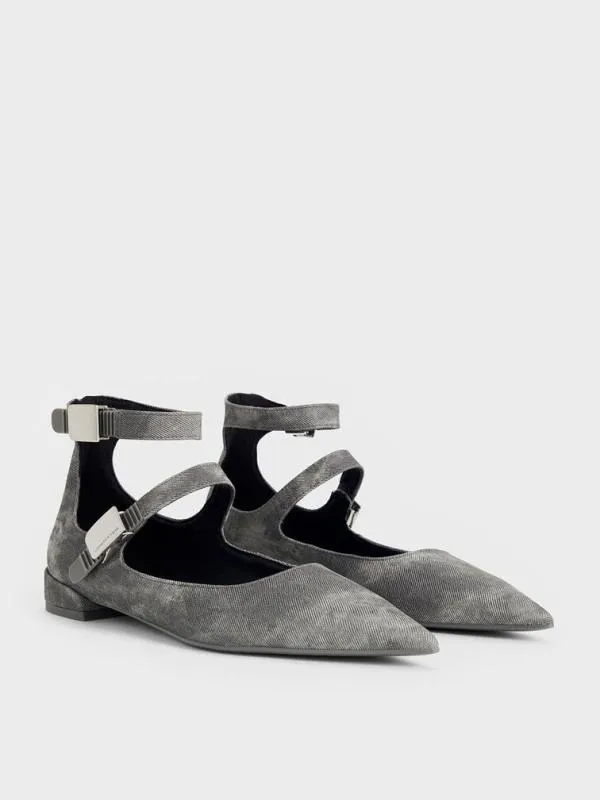 Women Robbie DenimEffect PointedToe Mary Jane Flats 8211 Dark Grey CHARLES and KEITH Ballet Flats