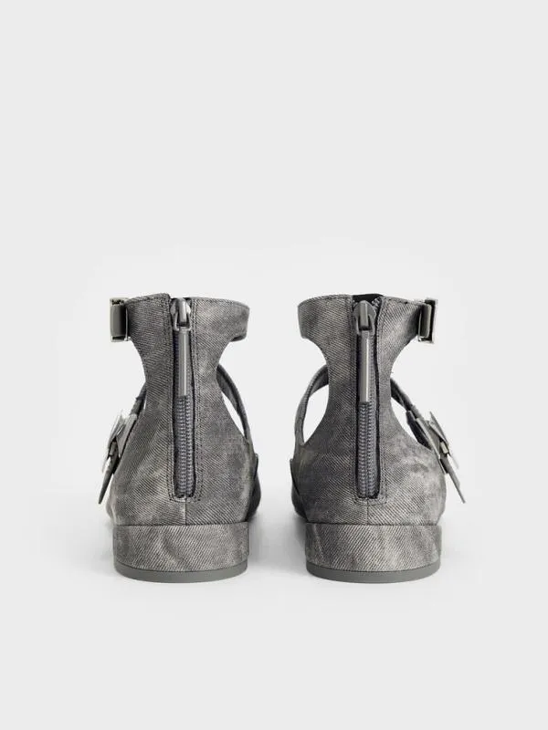 Women Robbie DenimEffect PointedToe Mary Jane Flats 8211 Dark Grey CHARLES and KEITH Ballet Flats