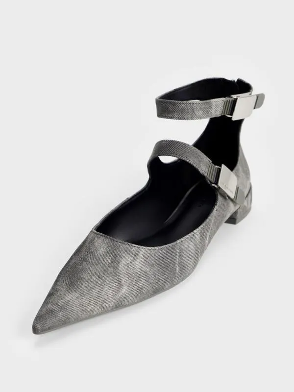 Women Robbie DenimEffect PointedToe Mary Jane Flats 8211 Dark Grey CHARLES and KEITH Ballet Flats
