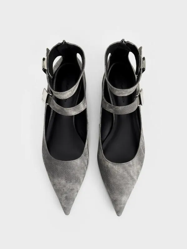 Women Robbie DenimEffect PointedToe Mary Jane Flats 8211 Dark Grey CHARLES and KEITH Ballet Flats