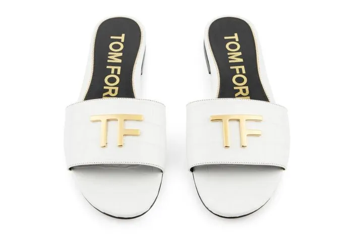 Women Sandals Tom Ford Shiny Stamped Crocodile Leather Tf Slide White Women Sandals Tom Ford Shiny Stamped Crocodile Leather Tf Slide White