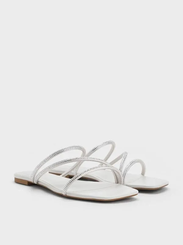 Women Satin CrystalEmbellished Strappy Sandals 8211 White CHARLES and KEITH Sandals